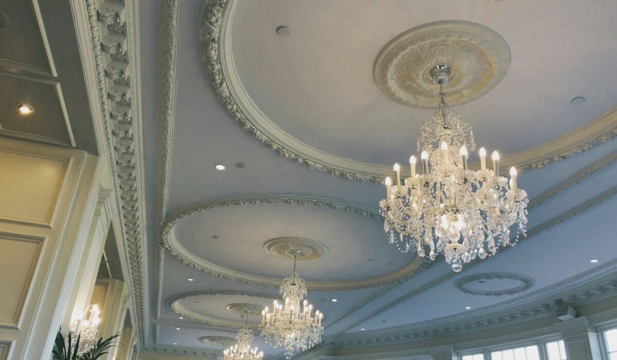 glass chandeliers in room